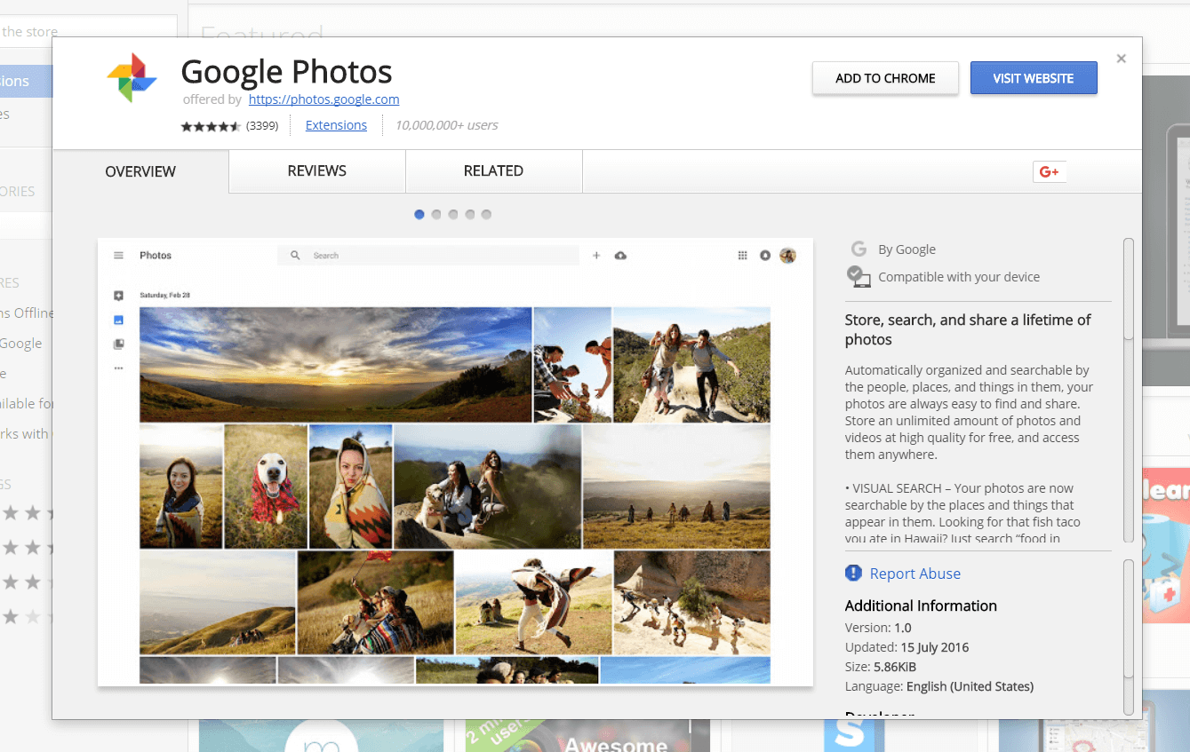Step 2: Google Photo Chrome extension will be displayed. 